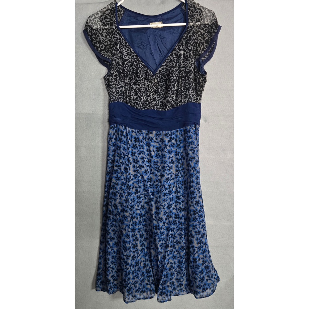 Viola 100% Silk Floral A-Line Dress Whimsigoth Cap Sleeve Royal Blue Black 6